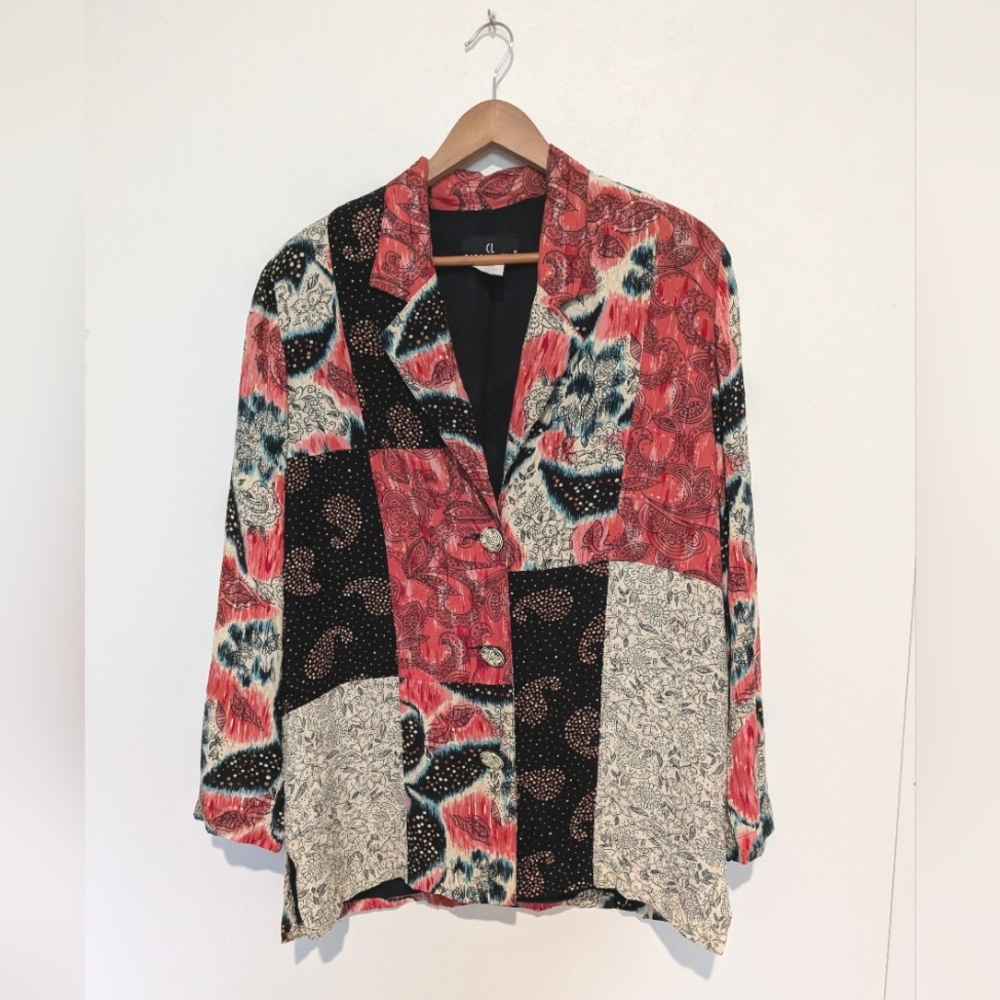 Vintage Carole Little M/L Patchwork Jacket Artsy Floral Art Rayon Boho Bohemian